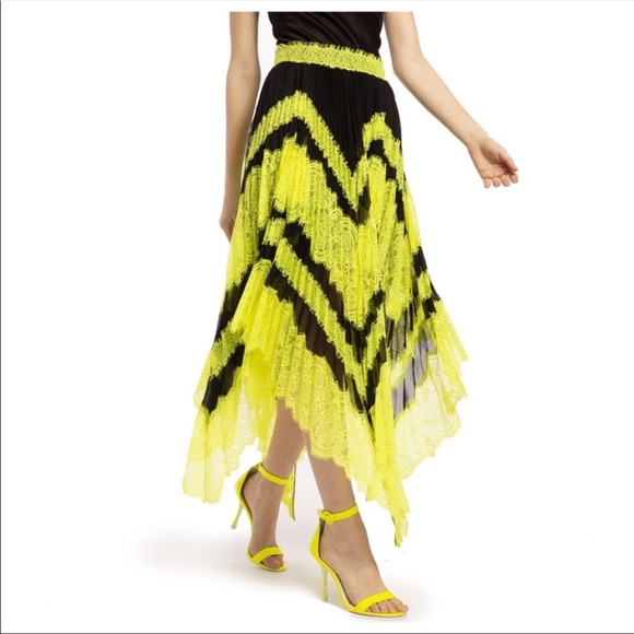 Alice + Olivia Neon Yellow Lace and Black Pleated Skirt - size 2